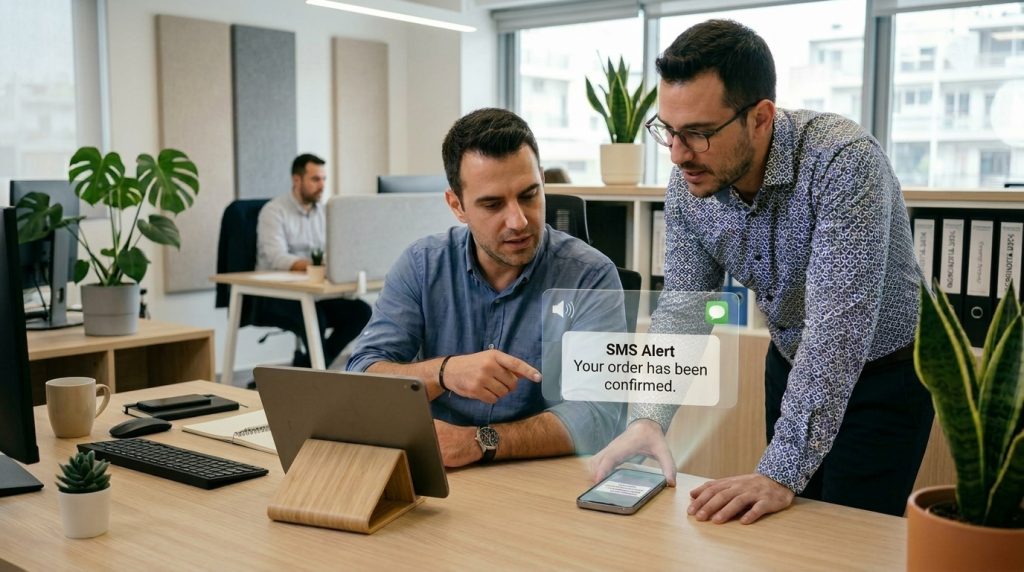 Office professionals looking at an SMS Alert order confirmation on a smartphone, showcasing automated text messaging solutions for e-commerce, ERP systems, and professional services by ProSMS.gr.